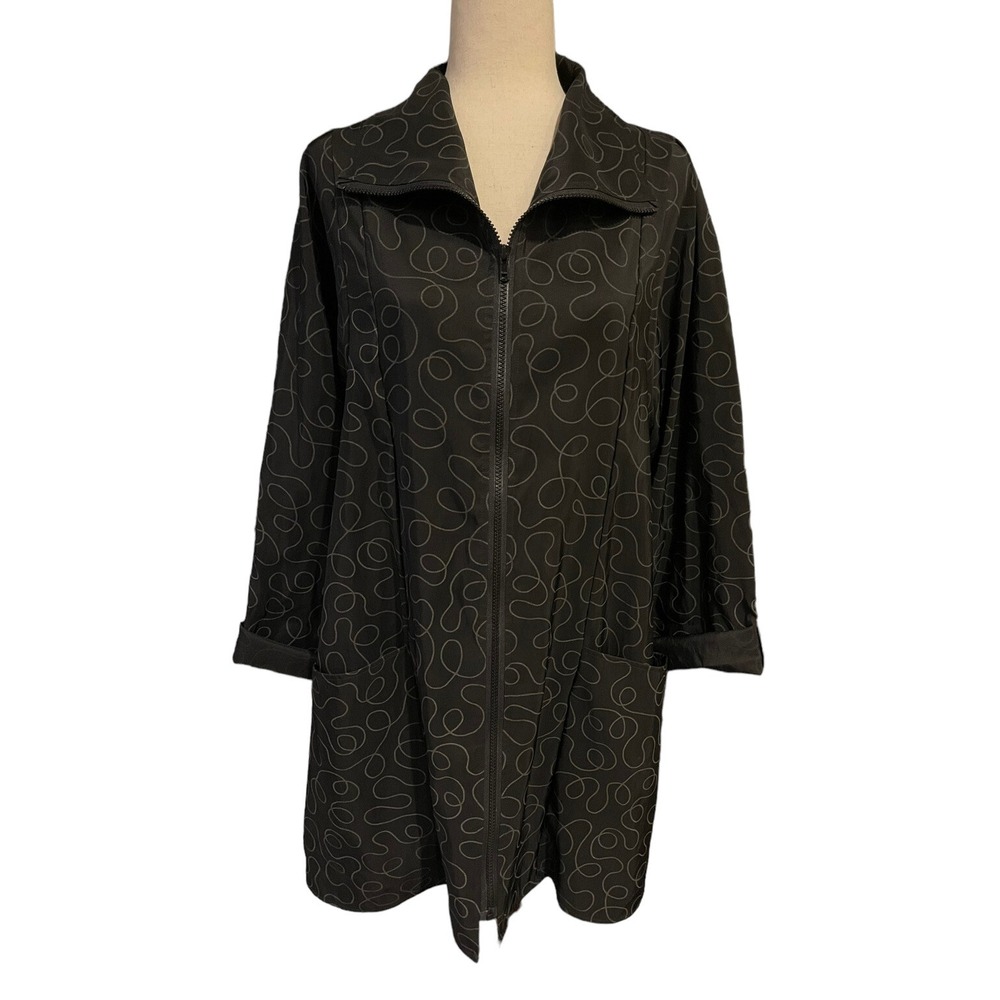 Maralyce Ferree Art to‎ Wear Black Gray Pattern Vented Raincoat Pocket Womens S
